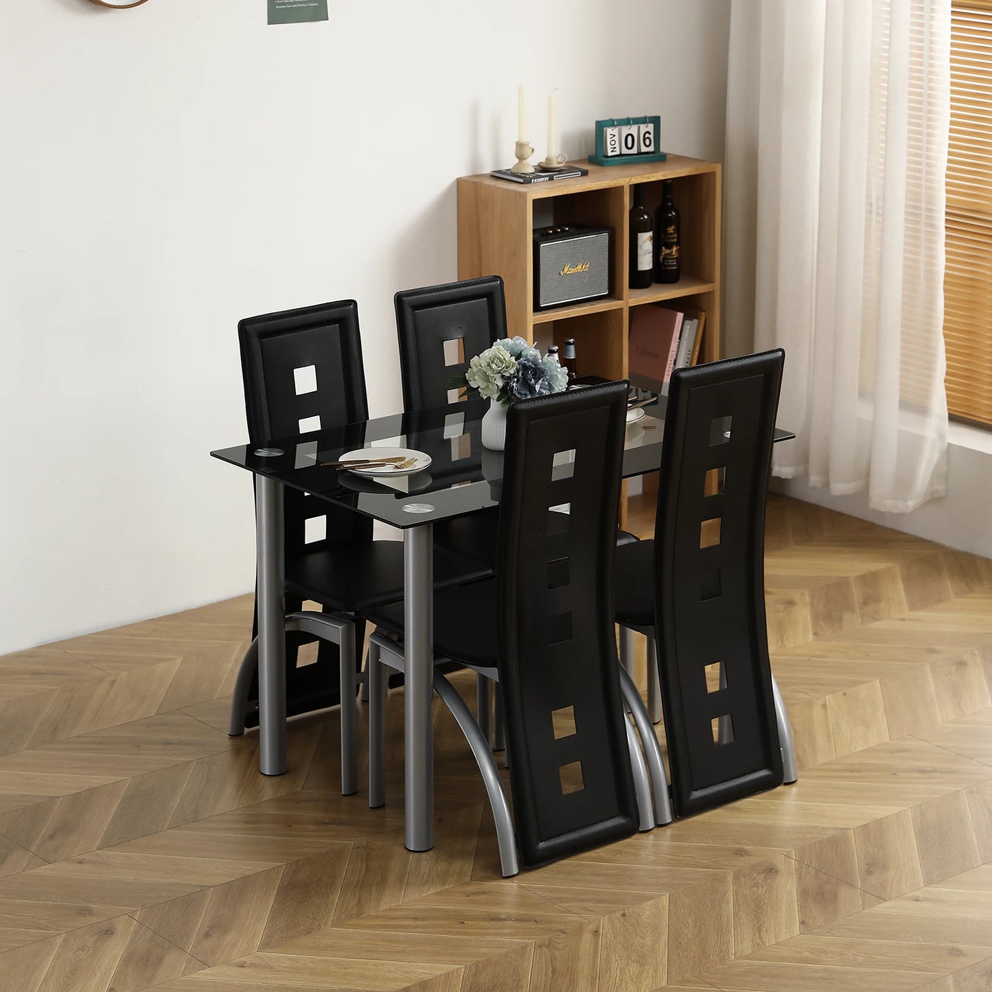 5 Pieces Dining Table Set for 4, Kitchen Room Tempered Glass