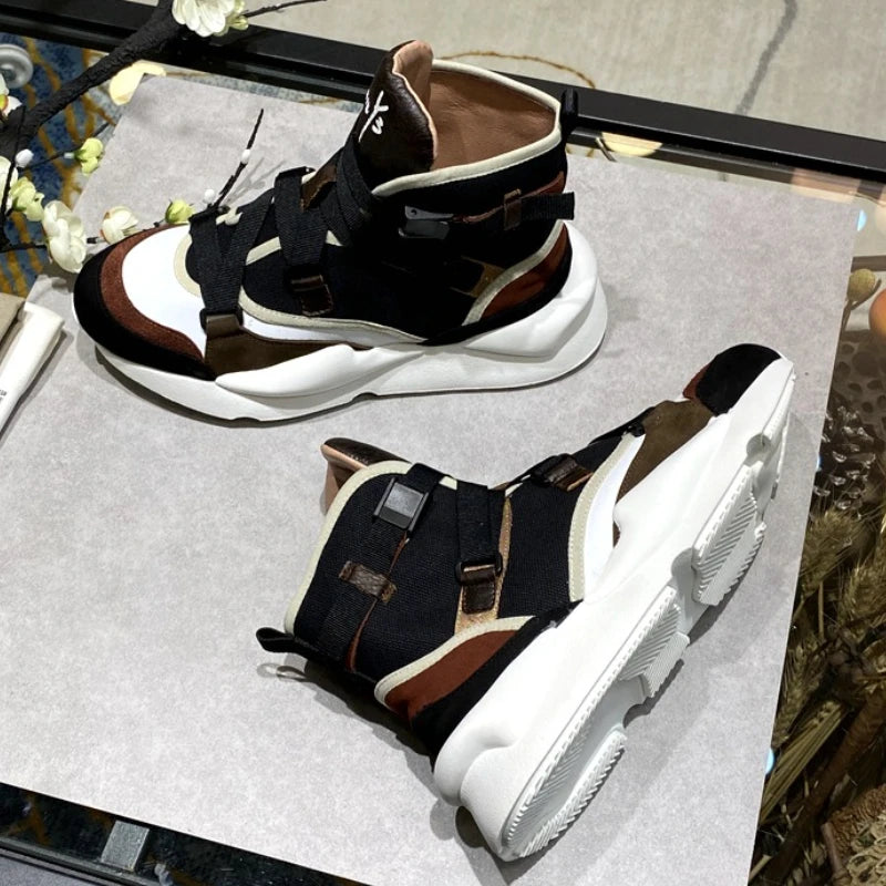 Men Genuine Leather Thick Bottom High Top Sneakers