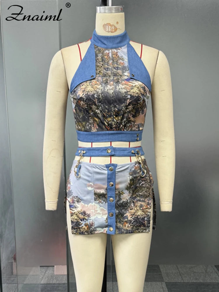 Elegant Lace-Back Printed Beach Two-Piece Top and Skirt
