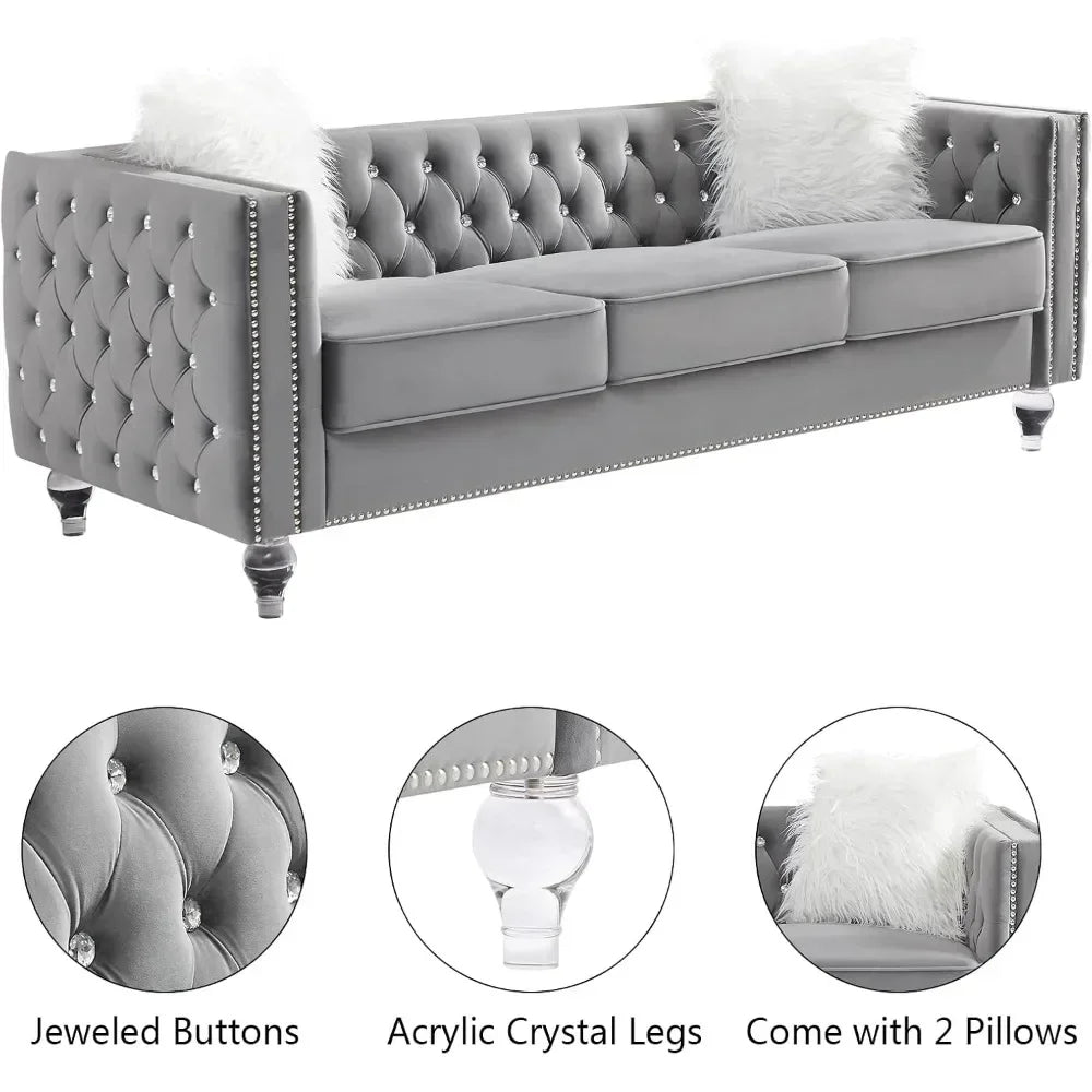 Modern Decor Furniture Tufted Sofa Set with Nailhead Acrylic Legs and 2 Pillows