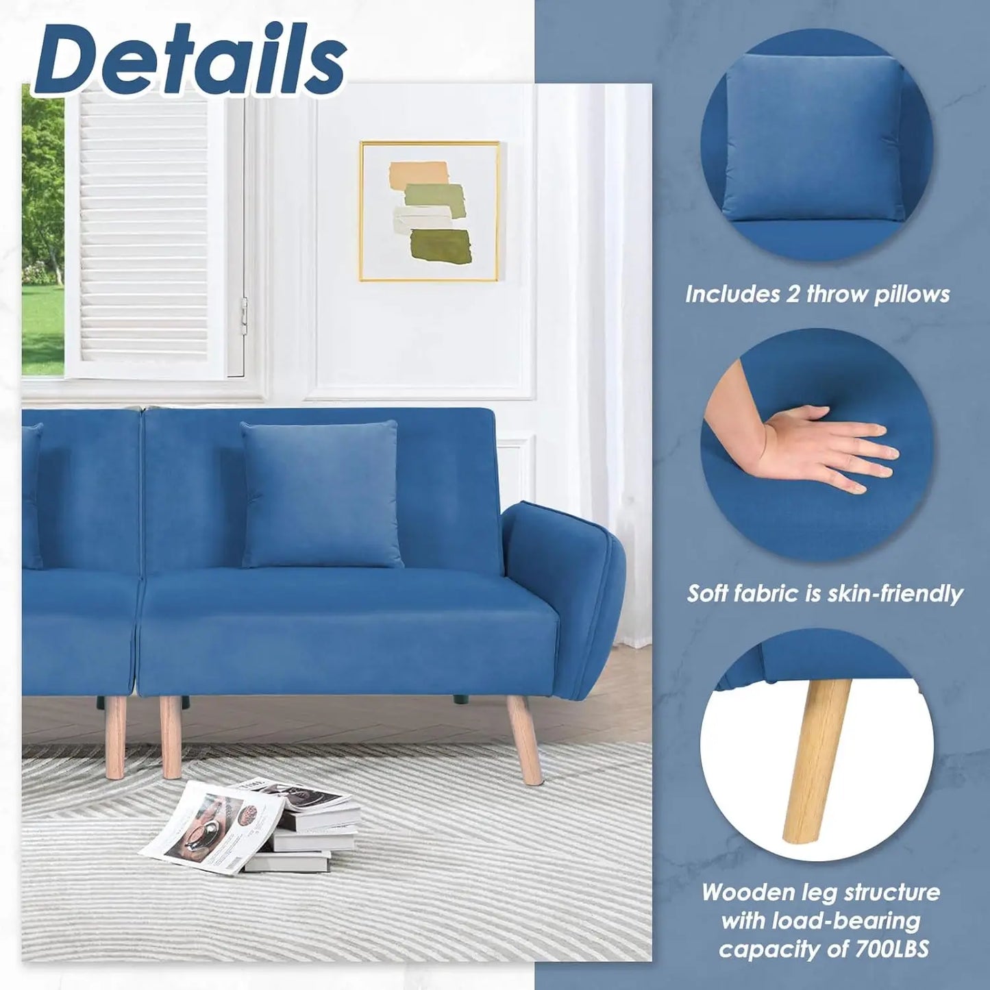 80 inch Futon Loveseat Sofa with 2 Throw Pillows
