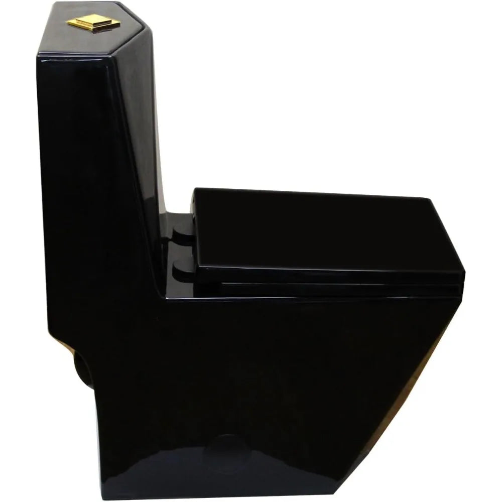 Square One Piece Toilet Black With Gold Button For Modern Sleek Design