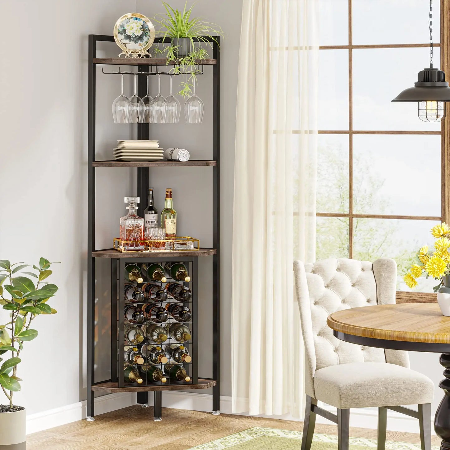 Wine Rack Cabinet 4 Tier Corner Shelf with Glass Holder