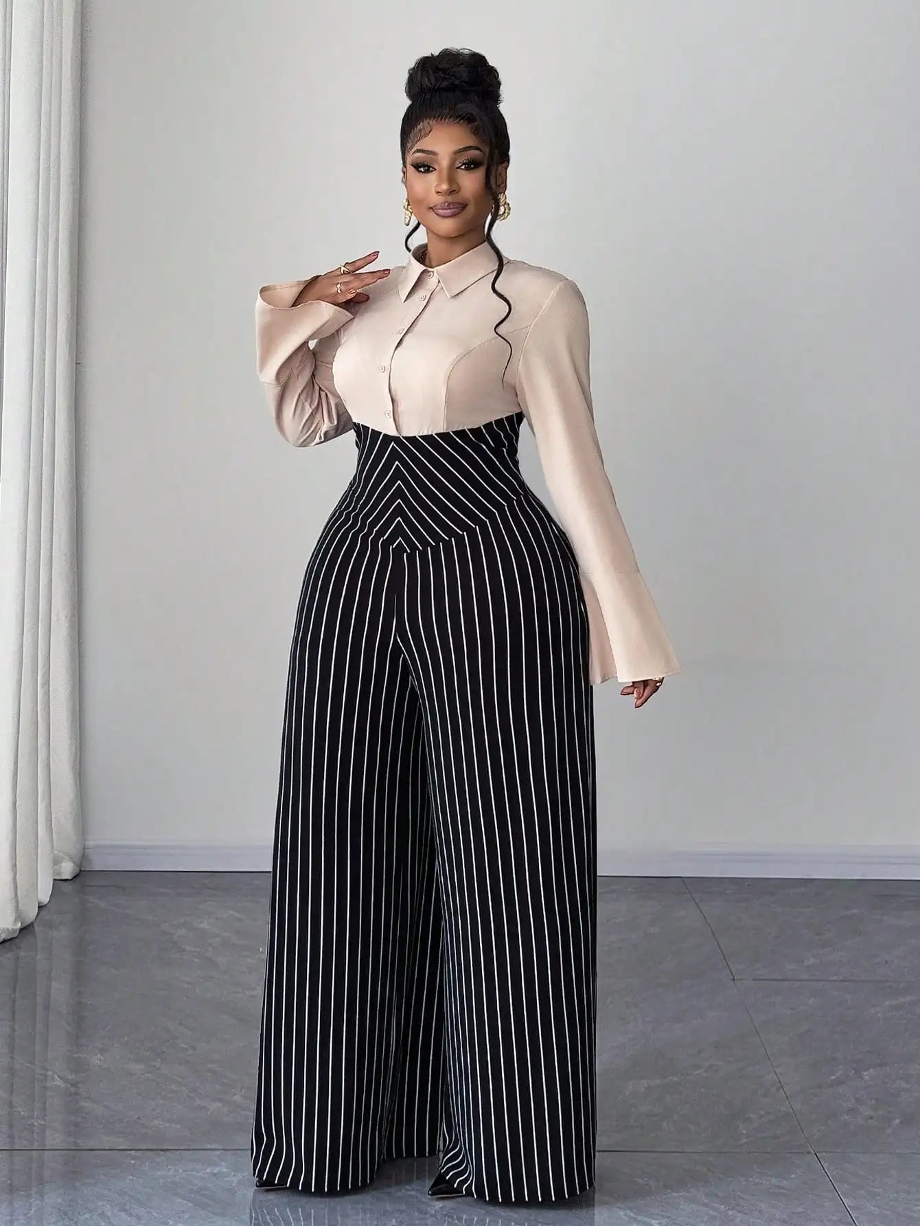 Plus Size Striped Flare Sleeve Jumpsuit