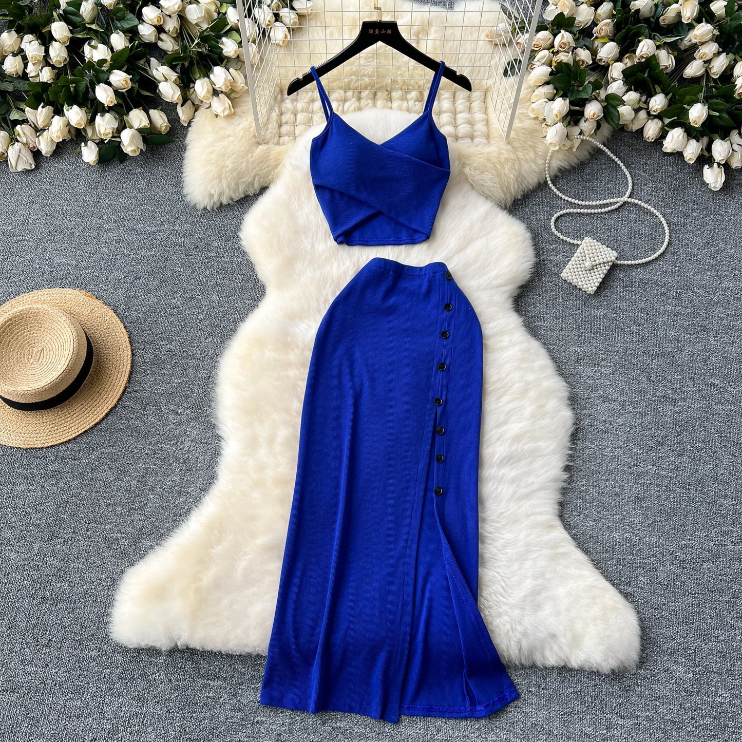 Sexy 2 Piece Crop Camis Top and Split Long Skirt