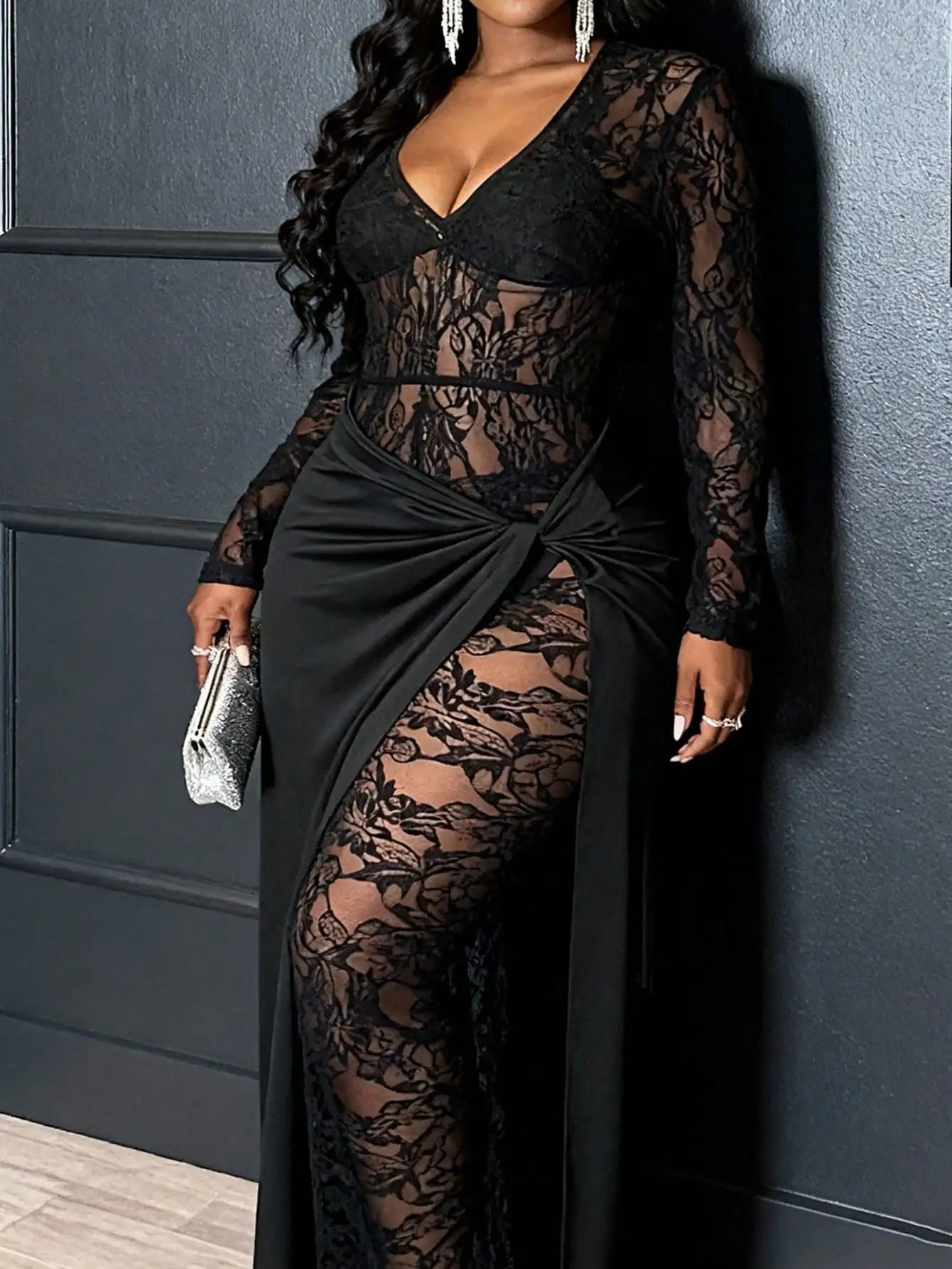 Black Sheer Lace Long Sleeve Maxi Jumpsuit
