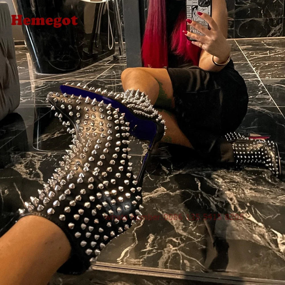 Black Rivet Pointy Ankle Boots Full-Studded Stiletto Heels