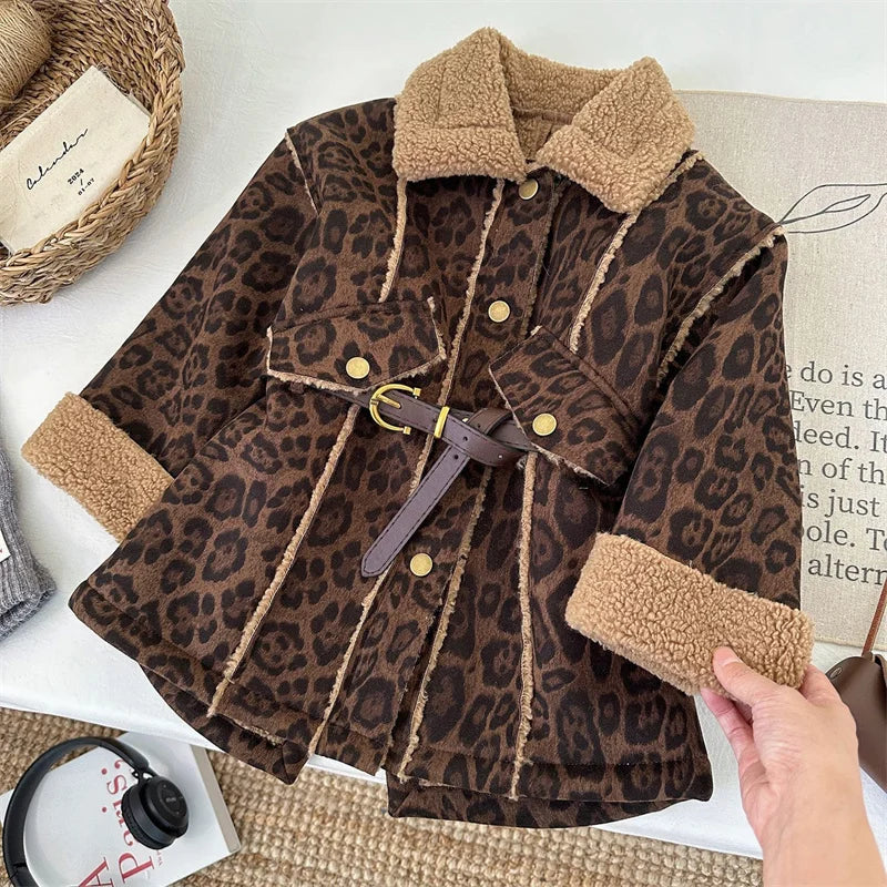 Girls Leopard Print Velvet Jacket