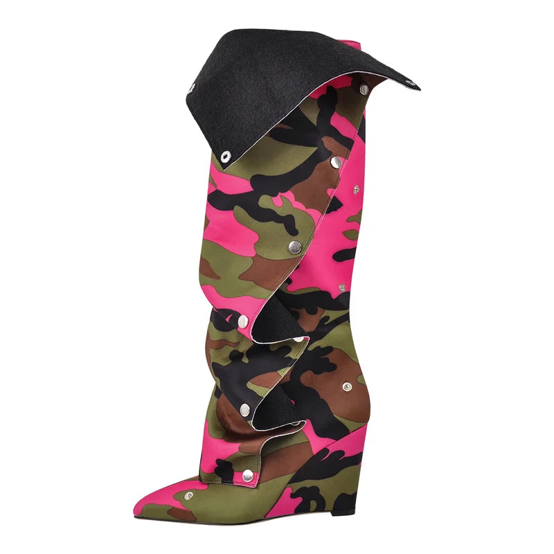 Pleated Pointed Toe Black Wedges Knee High Boots