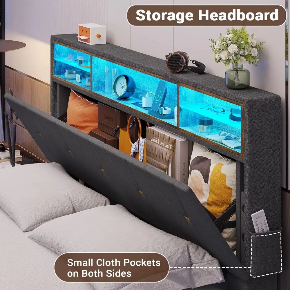 LED Bed Frame Queen Size w Shelf Storage Headboard
