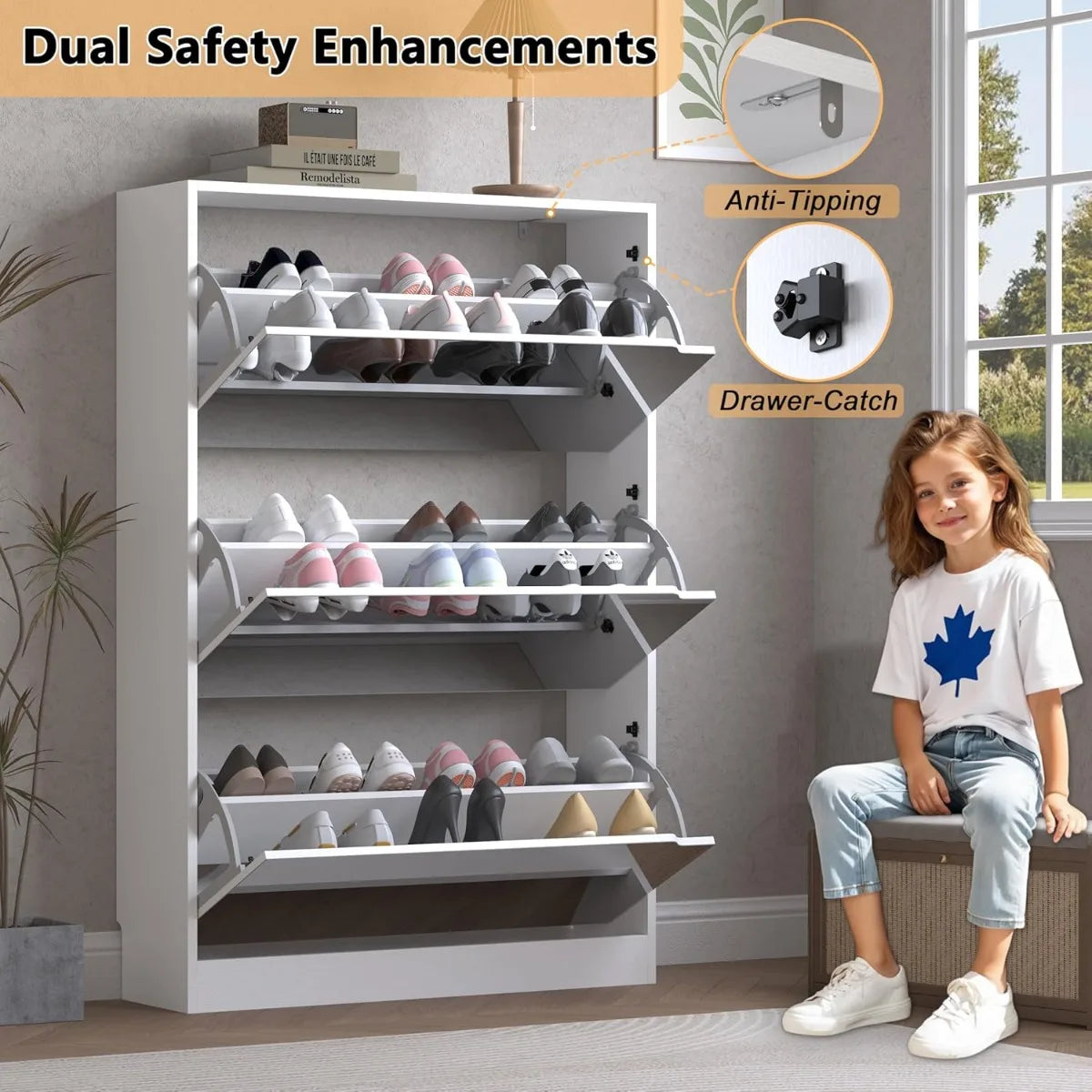 Shoe Cabinet with 3 Flip Mirror Drawers Slim