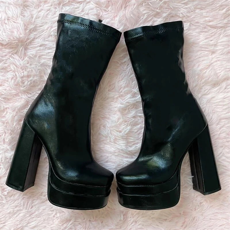 Three-Layer Waterproof Platform Square Toe Soft Mid-Boots