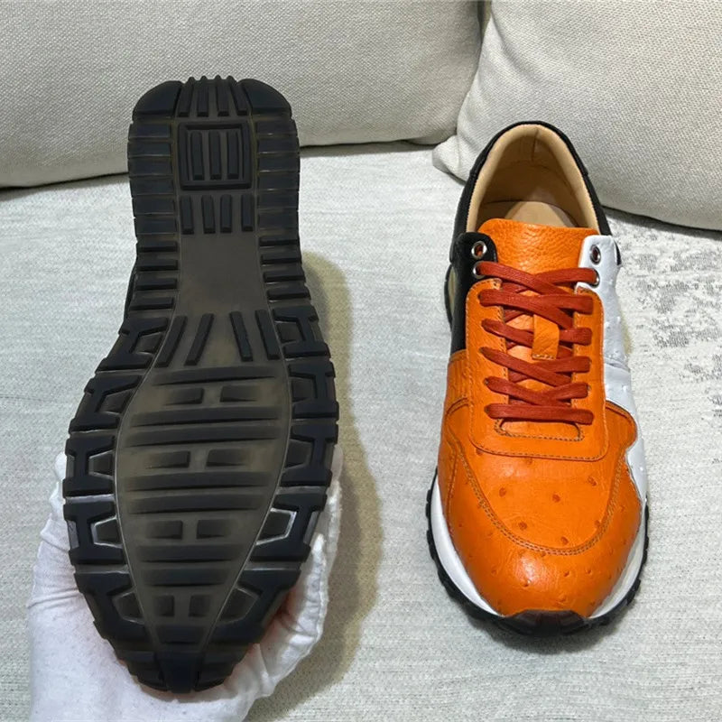 Authentic Real Ostrich Skin Mixed Orange Lace-up Sneakers