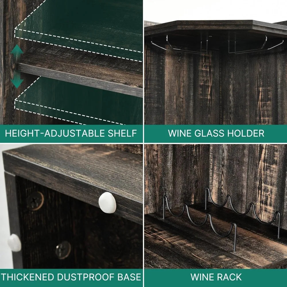 72" Farmhouse Corner Bar Cabinet with LED Lights & Glass Door