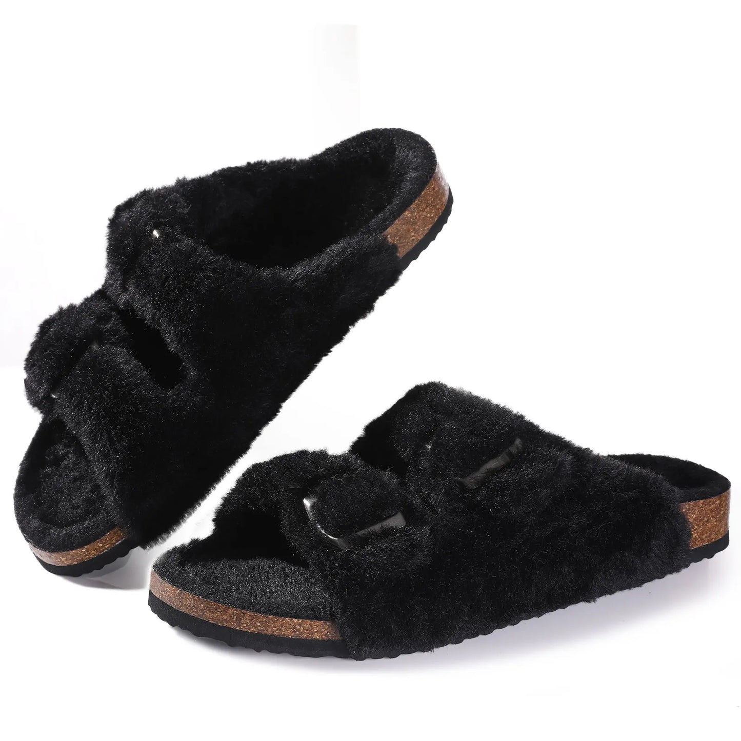 Fluffy Sandals Open Toe with Adjustable Buckle