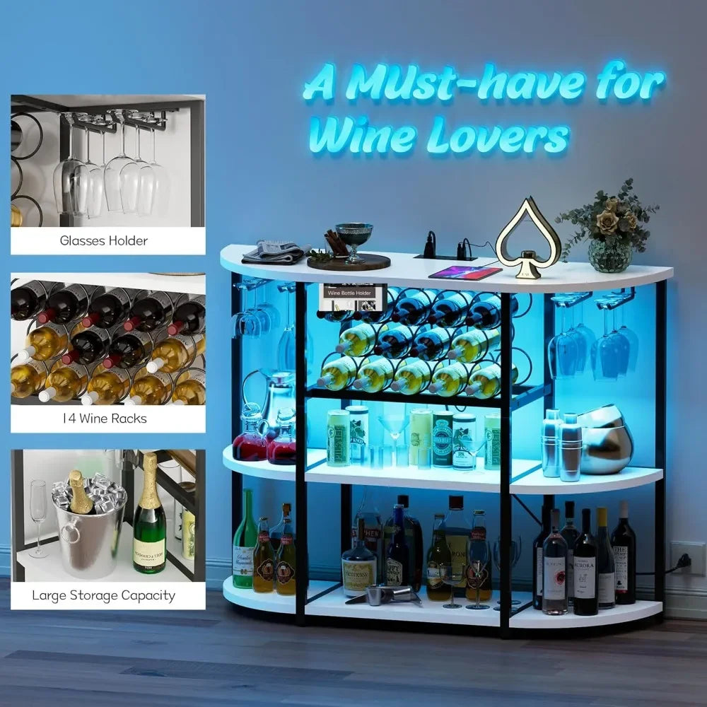 Bar Cabinet with Lights and Outlet 4-Tier Storage