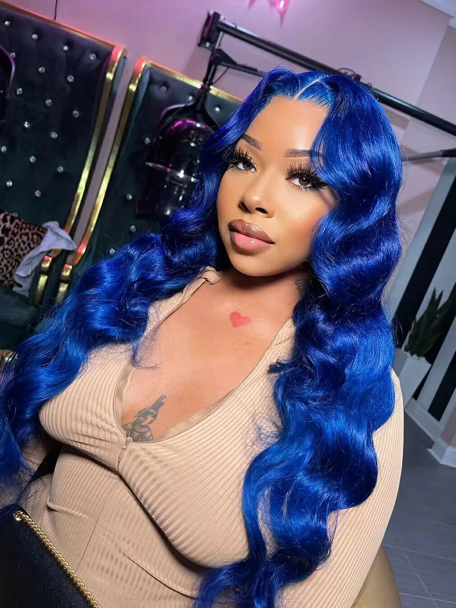 Blue 13x4 Body Wave Human Hair Brazilian Blue Colored HD Lace Front Wig