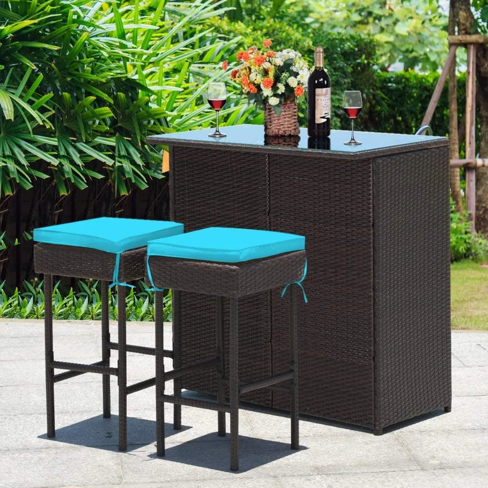 3 Piece Outdoor Rattan Wicker Bar Set with 2 Cushions Stools