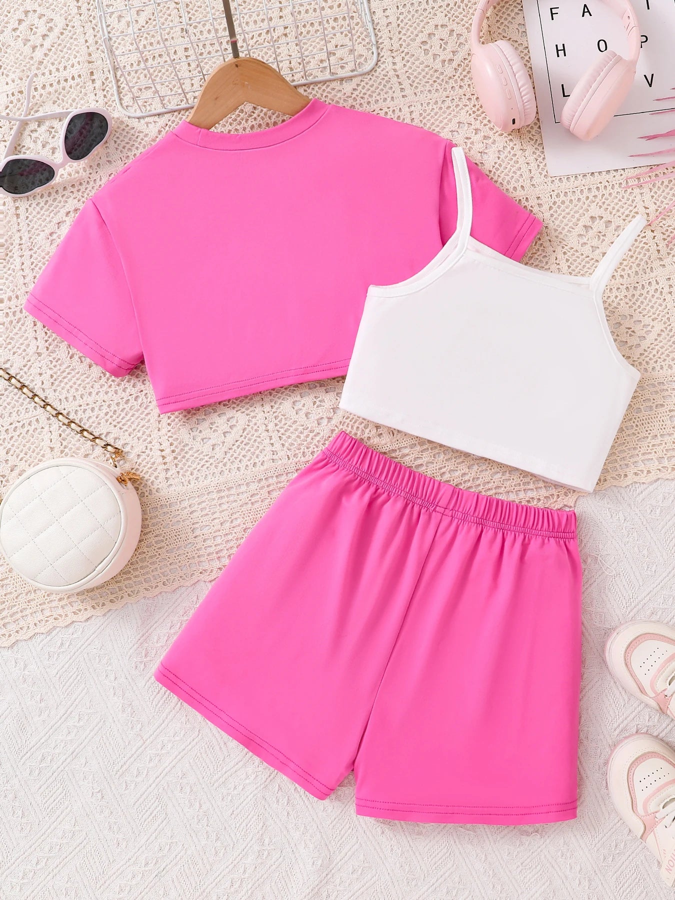 3-Piece Set Letter Print Top and Strappy Shorts