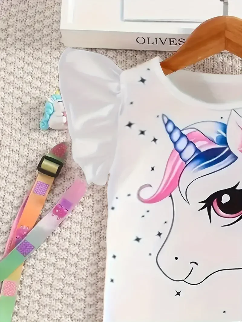 2-piece Cartoon Unicorn T-shirt Denim Print Bell Bottoms