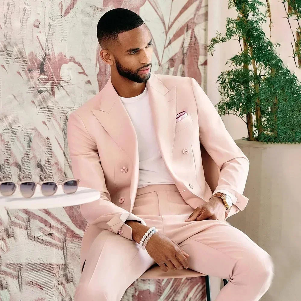 Gentleman High Quality Pink Men Suits 2 Piece Set