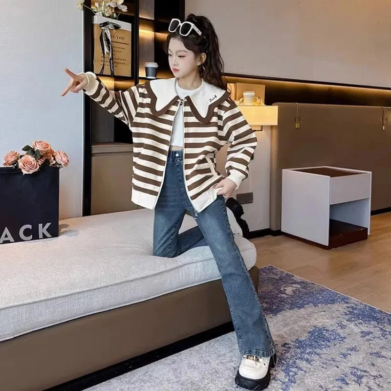 Autumn Striped Coat Jeans Suit for Girls 5 To 16 Years Teenager