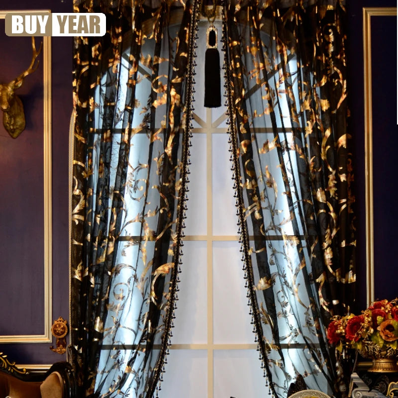 European Luxury Curtains Black Gold Velvet