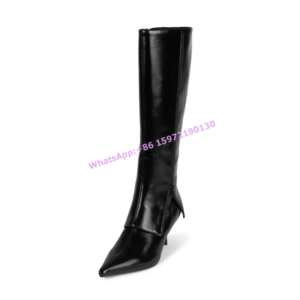 Burgundy Knee High Boots Kitten Heels Pointy Toe Zipper