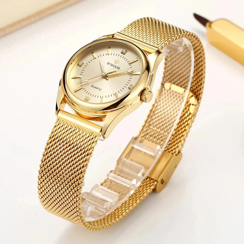 Ladies Dress Gold Watch Elegant Steel Mesh