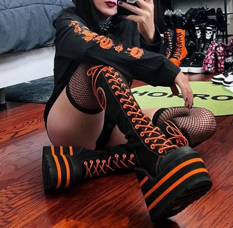 Canvas Platform Knee High Boots Colorful Cute Wedges