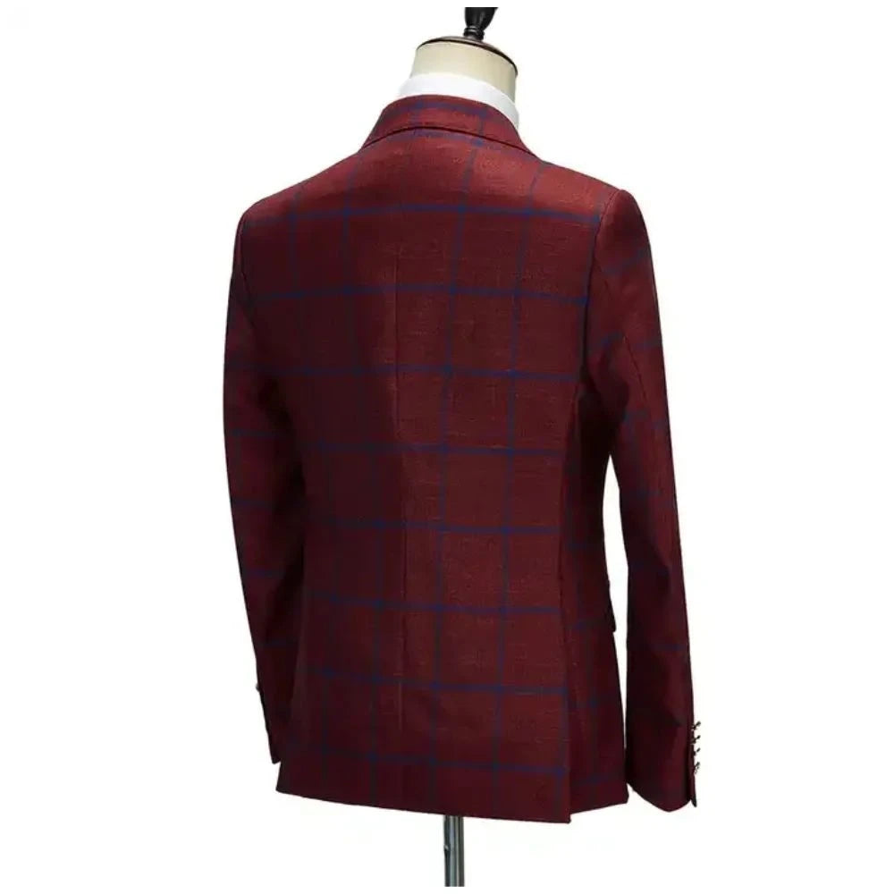 Men Suit 3 Pieces Set Fashion Plaid Peak Lapel