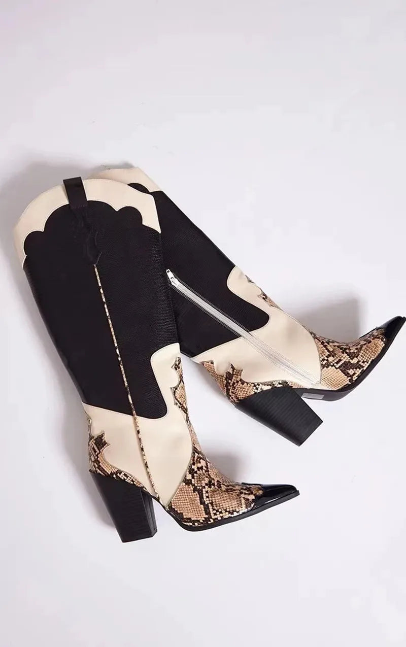 Stylish Western Leather Vintage Knee-High Cowboy Boots