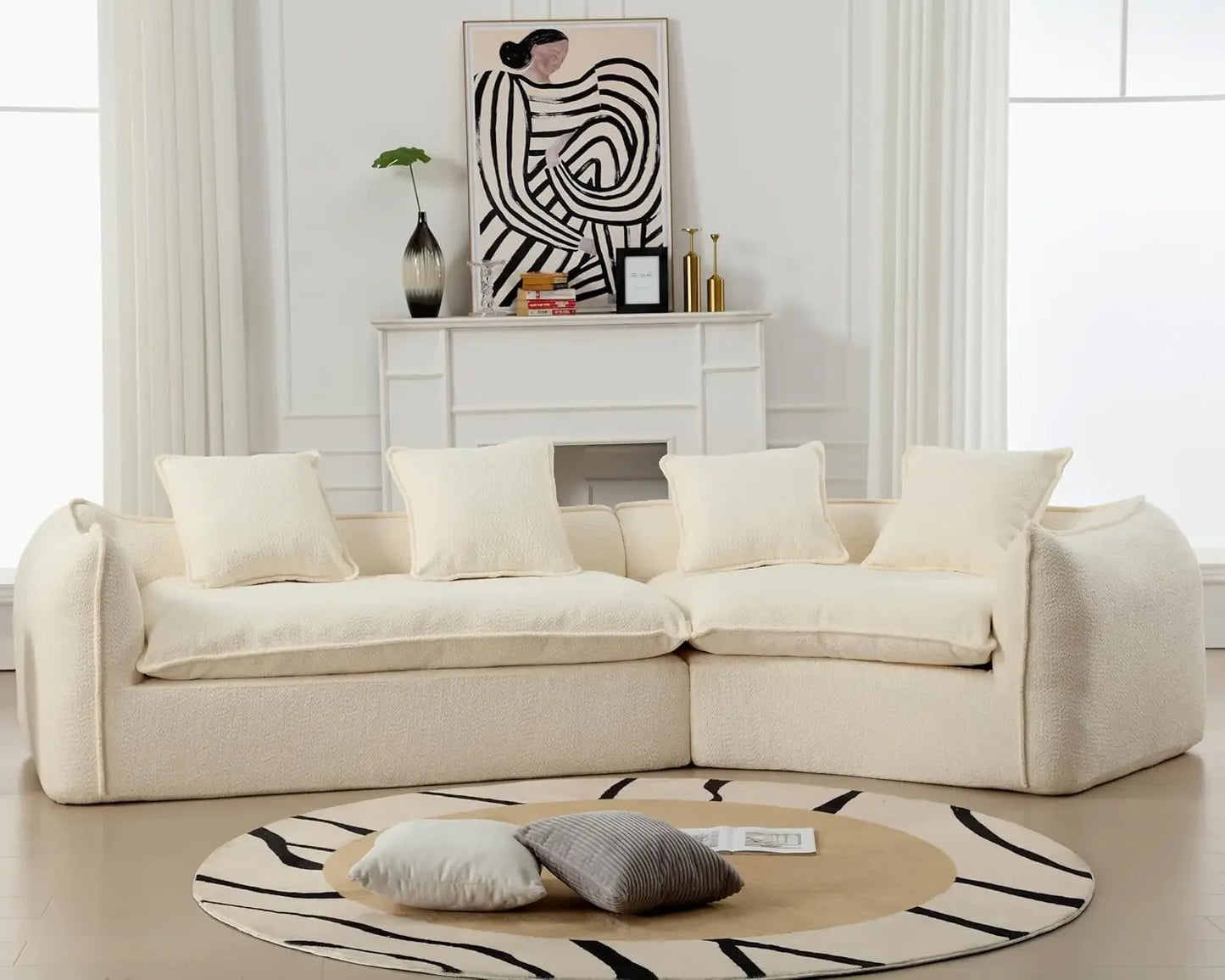 Curved Boucle Modern Sectional Sofa Cloud Deep Seat Couch