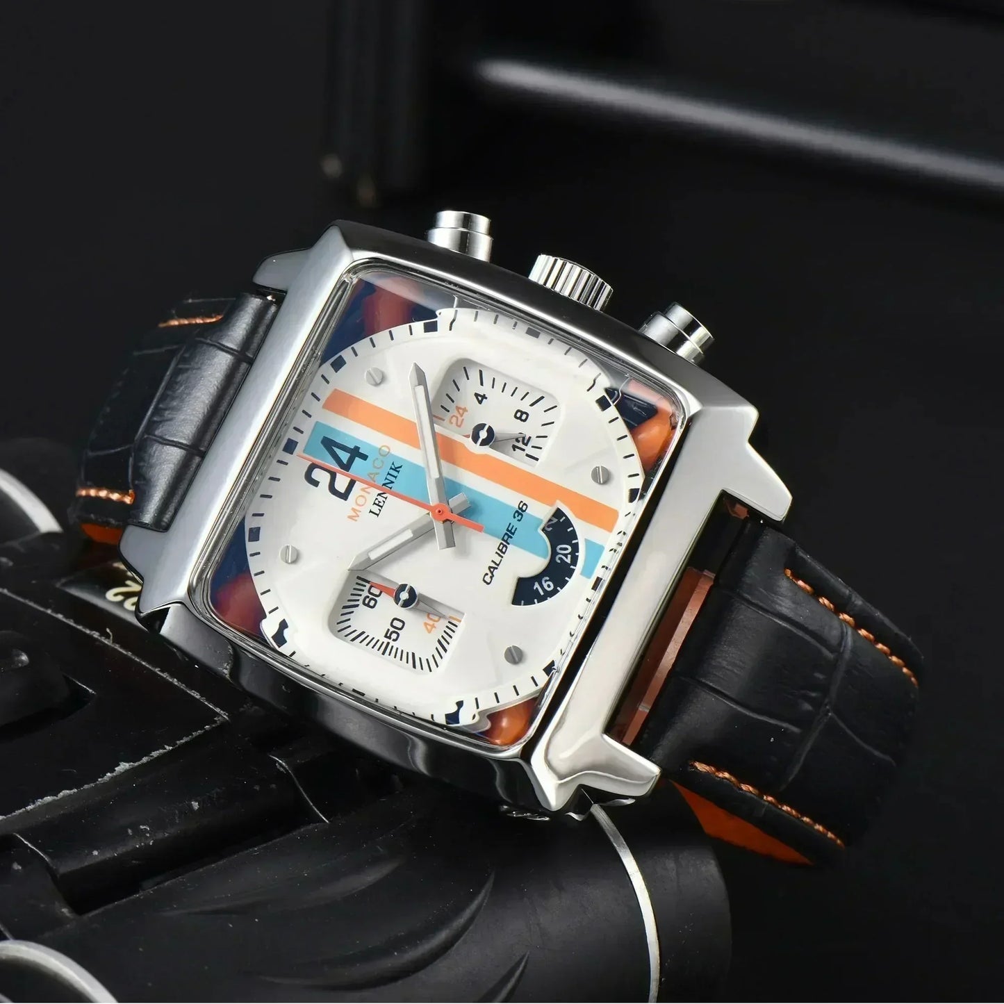 Monaco Square Case Leather Strap Watch
