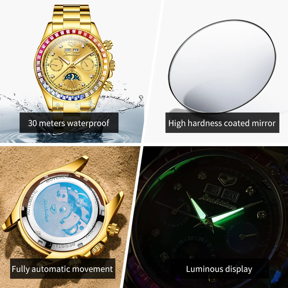 Fully Automatic Rainbow Gemstone Bezel Mens watch