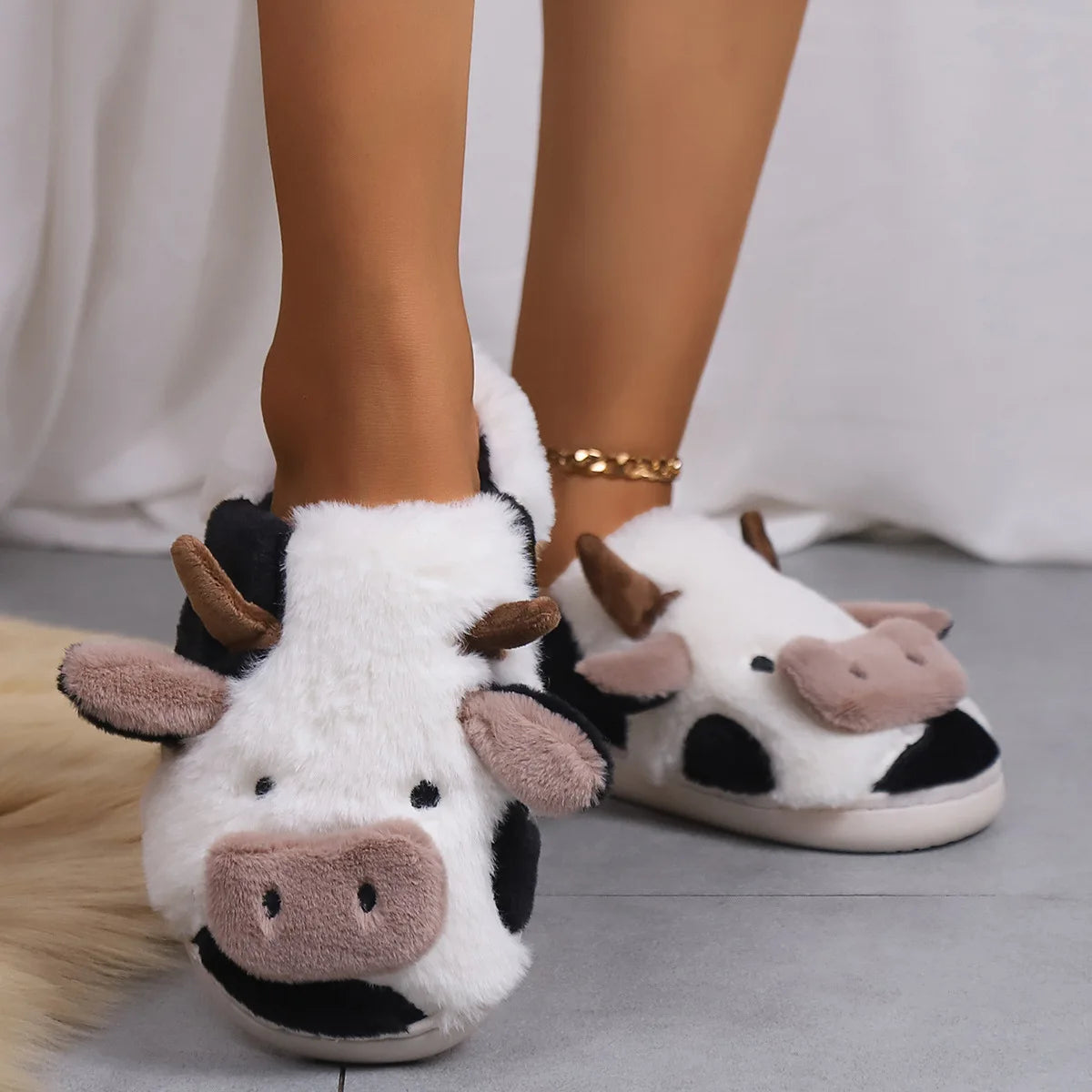 Warm Cow Furry Slippers Plush Lined