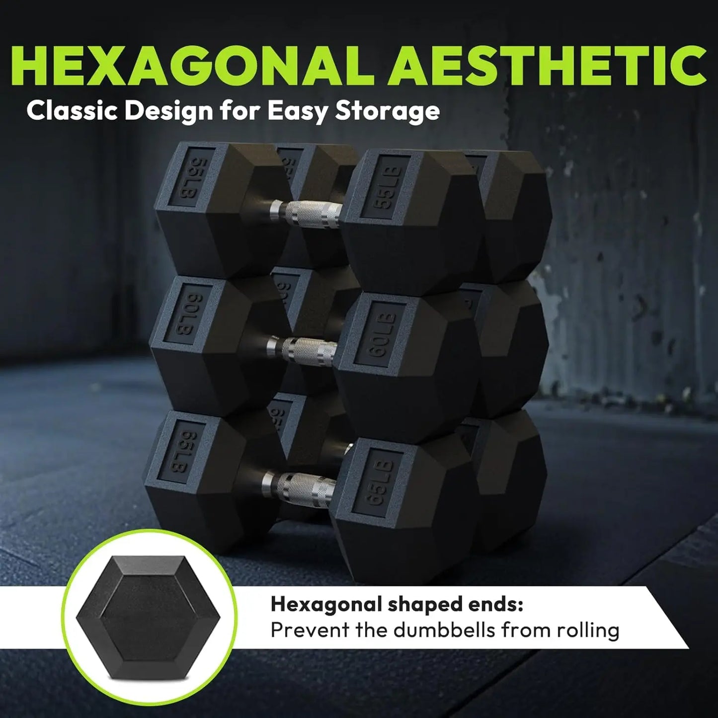 Hex Dumbbell 45lb Set (Pair of 2.5, 7.5, 12.5lb) Rubber Encased