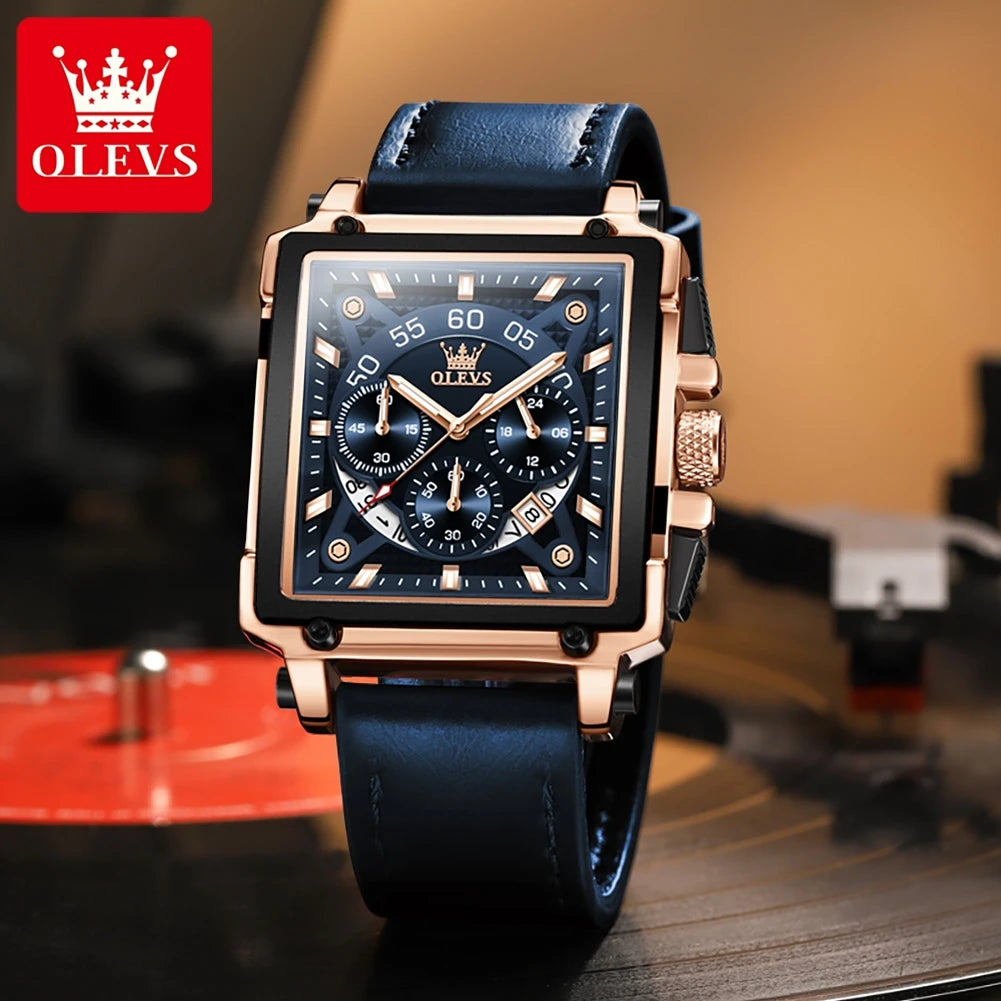 Chronograph Quartz Men's Watch Leather Strap 45MM