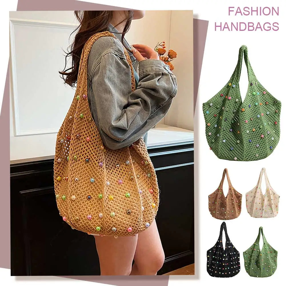 Boho Crochet Bag with Colored Beads Large Capacity