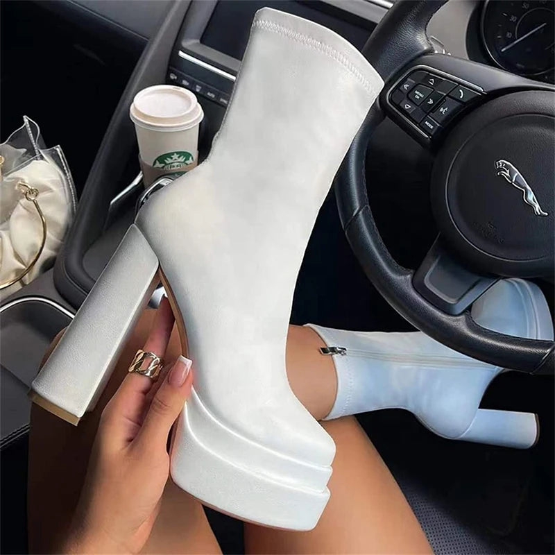 Three-Layer Waterproof Platform Square Toe Soft Mid-Boots