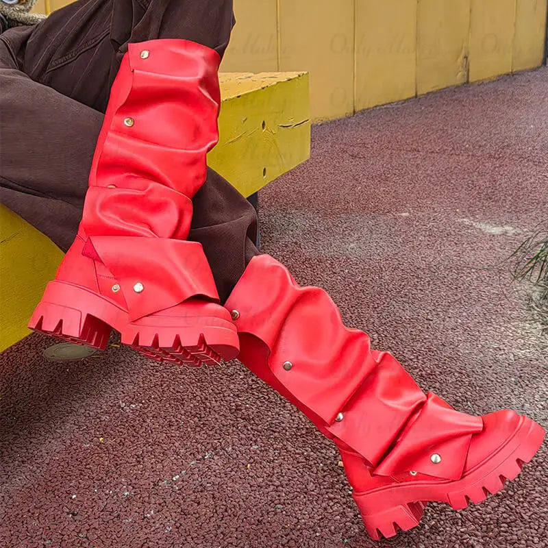 Plaftorm Red Fold Over Boots Block Heel Round Toe