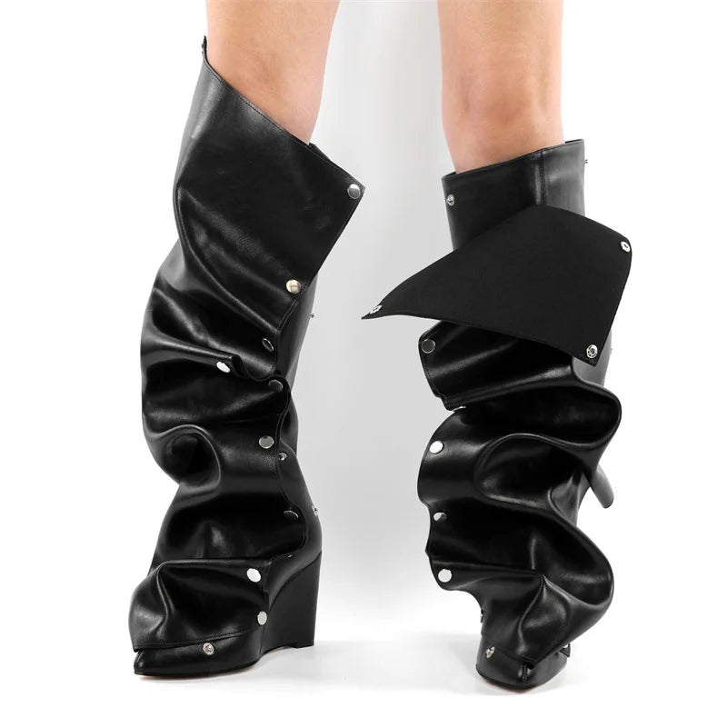 Pleated Pointed Toe Black Wedges Knee High Boots