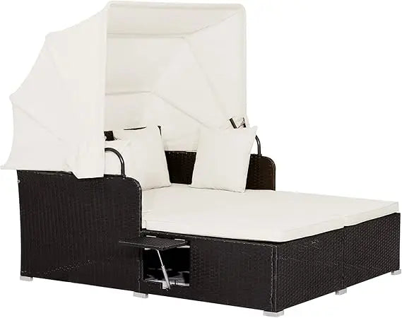Outdoor Wicker Sunbed w/Cushions, 4 Pillows & 2 Retractable Side Trays