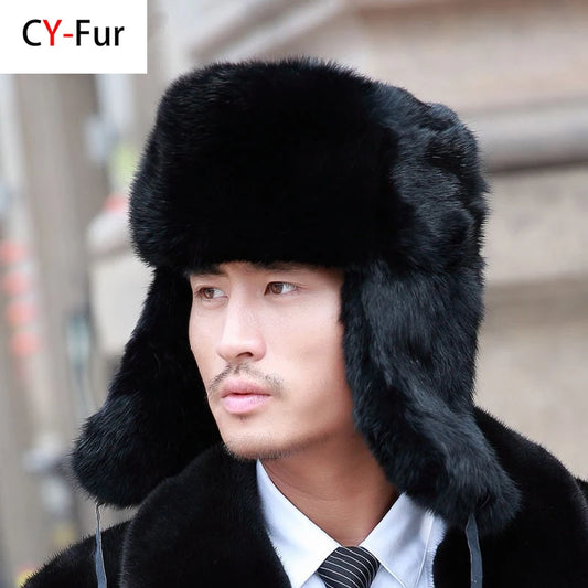 Men Real Rabbit Fur Trapper Russian Hat