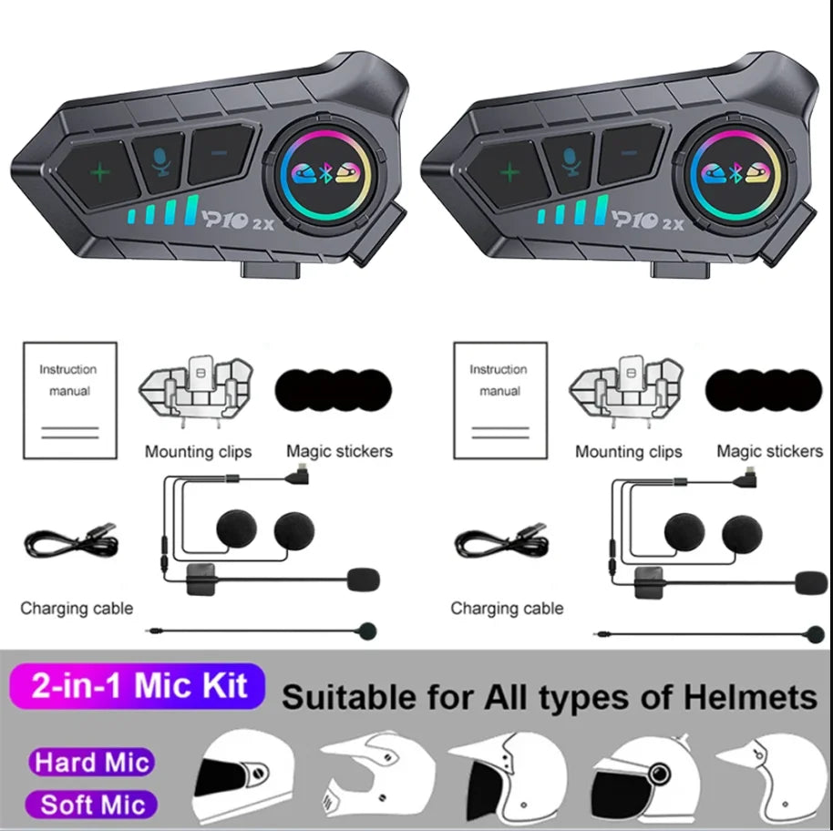 2X Wireless Bluetooth 5.3 Motorcycle Helmet Headset Waterprooof