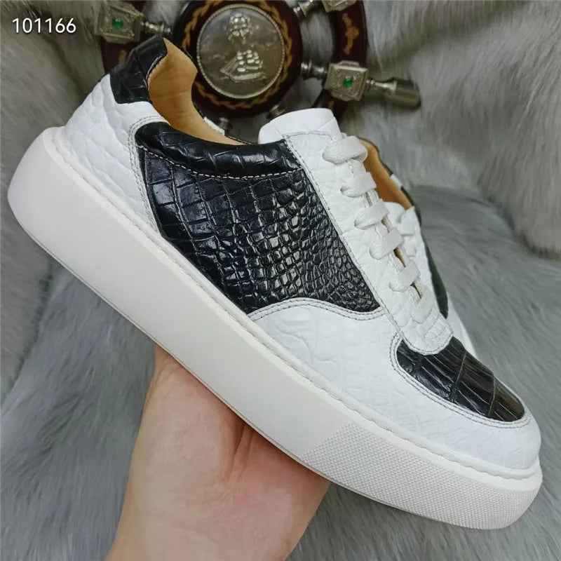 Authentic Exotic Crocodile Skin Black White Color Casual Board Shoes