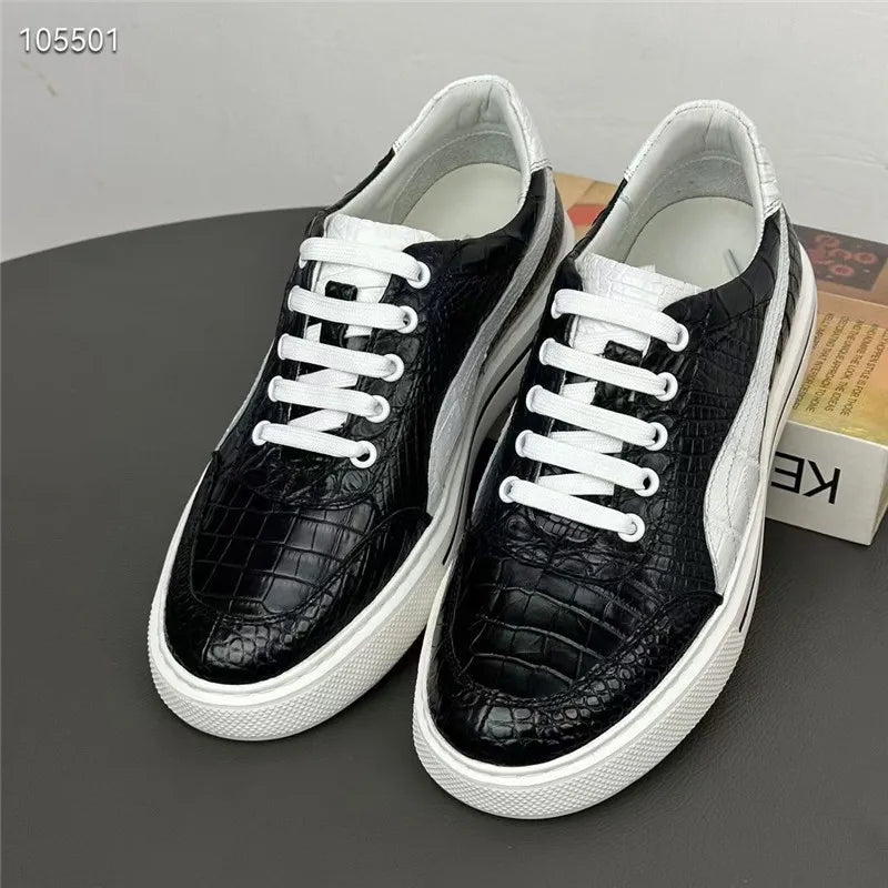 Authentic Real Crocodile Skin Classic Black White Men's Casual Board Shoes