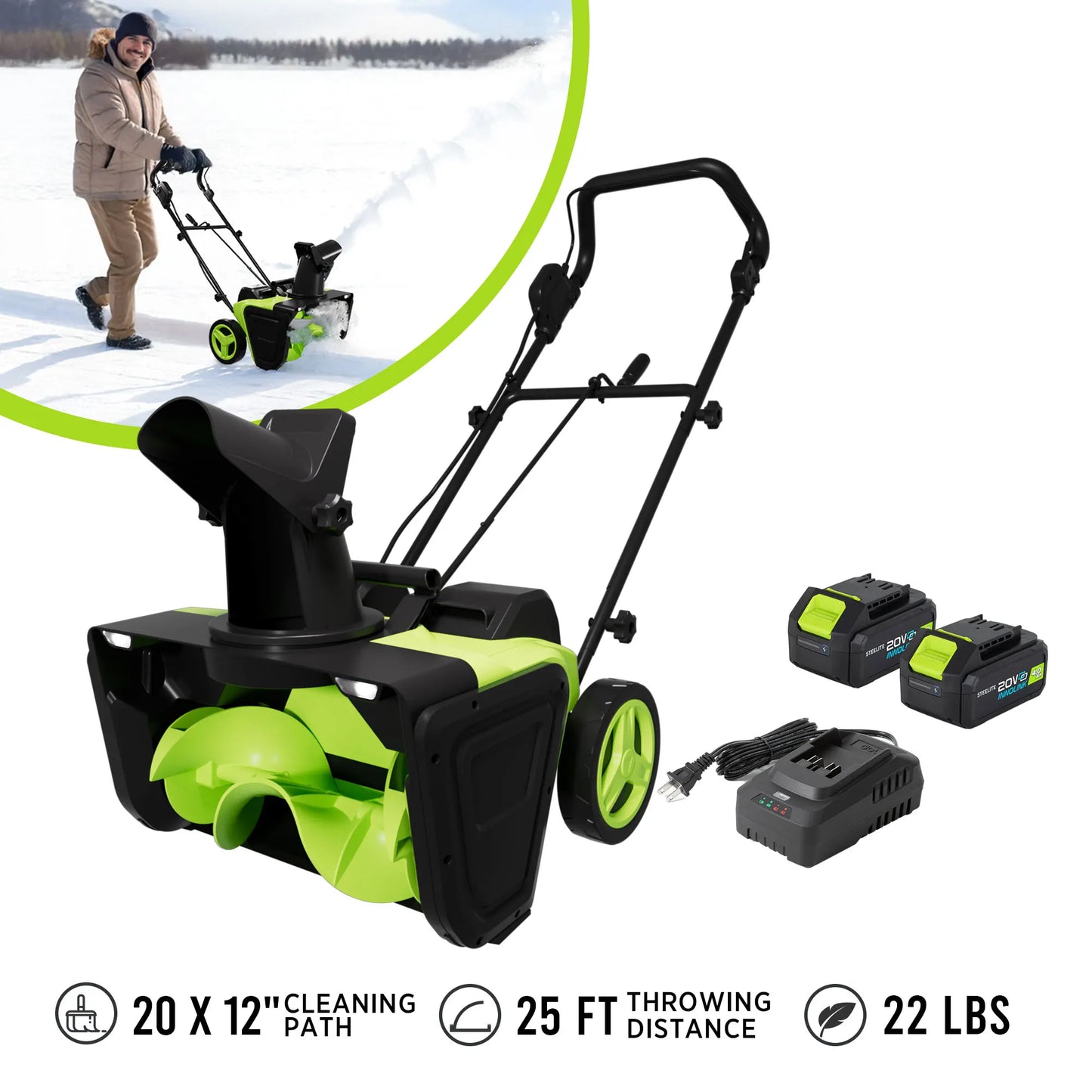 42V 20" Cordless Snow Blower Dual 4.0Ah Batteries & Charger Included