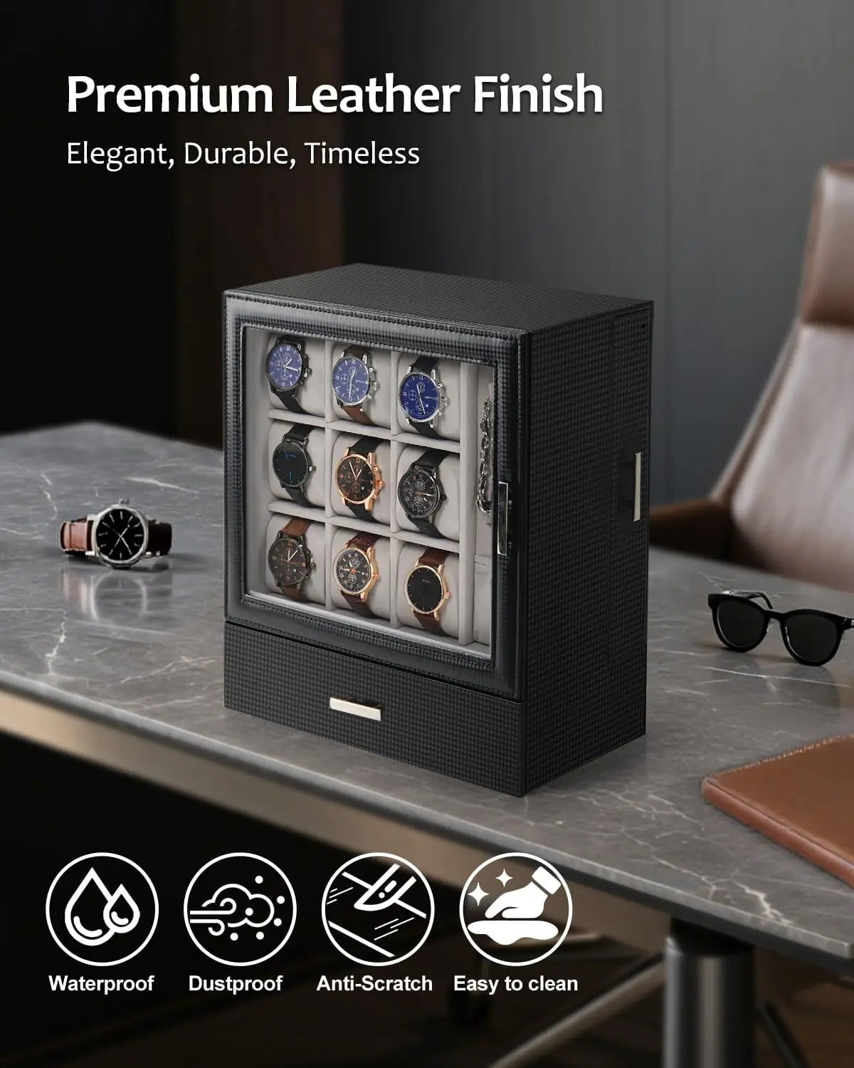 9-Slot Leather Watch Box with Glass Lid and Drawer