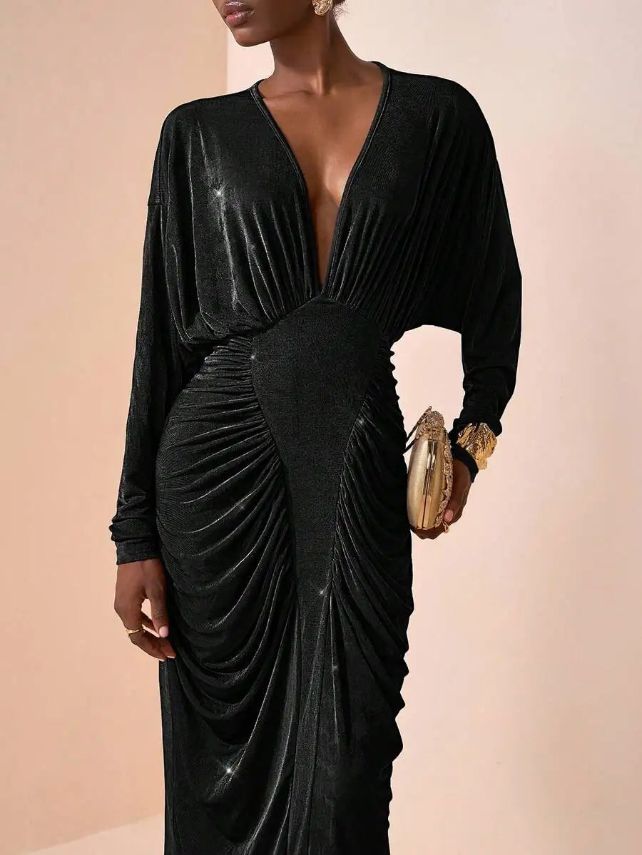 Plus Size Long Sleeve V-Neck Maxi Dress